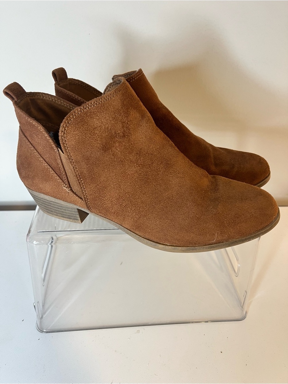SO Cognac Suede Ankle Booties with Low Stacked Heel